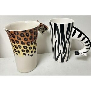 Lot Of 2 World Market Zebra Head Handle Blue Witch Leopard coffee mug Jungle